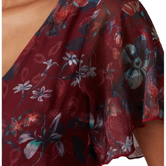 Vone Mireya Burgundy Maroon Chiffon Floral V-neck Ruffle Asymmetrical Midi Dress - Picture 3 of 16